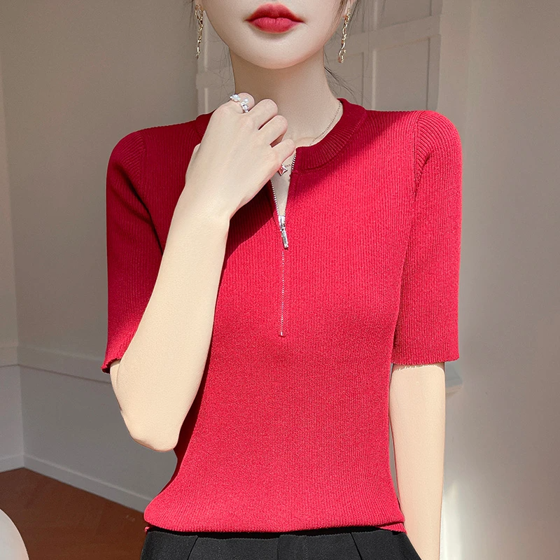 Women'S Fashion Quarter Zip - Womens Red Half Zip Knit T