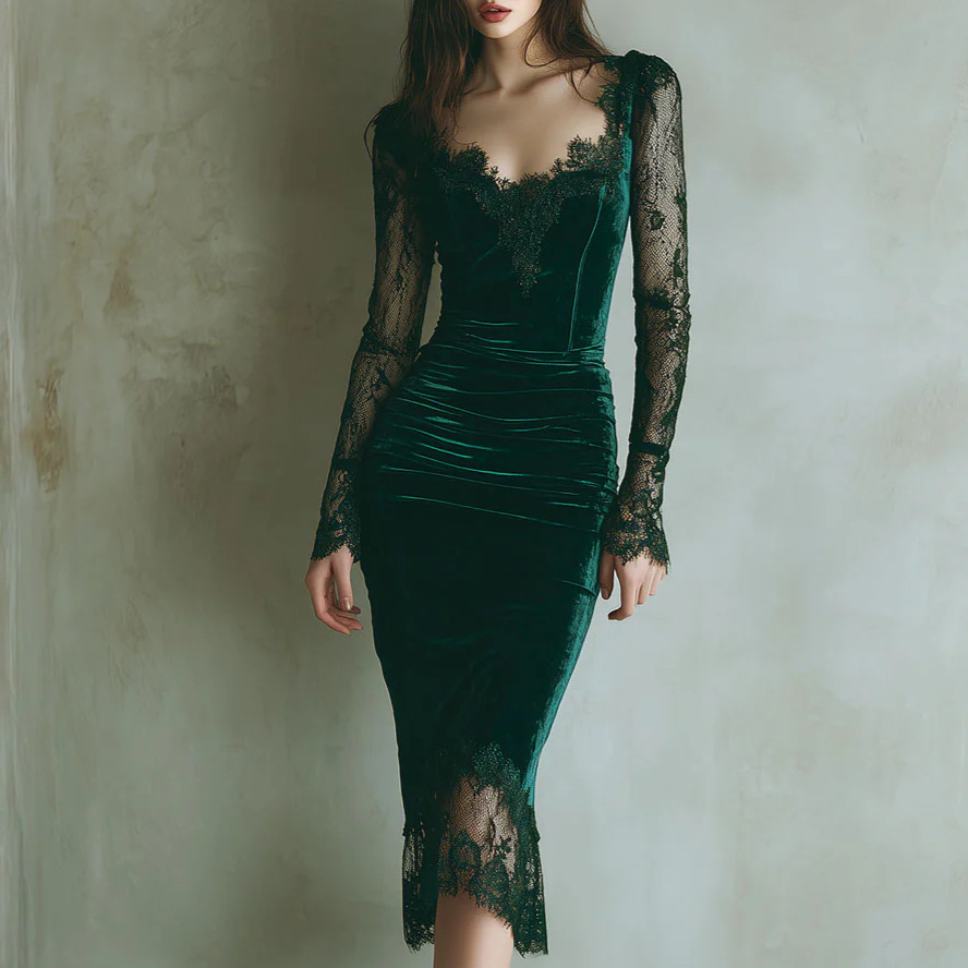 Women'S Fashion Quarter Zip - Elegant Lace Embroidery Velvet Dress Women's