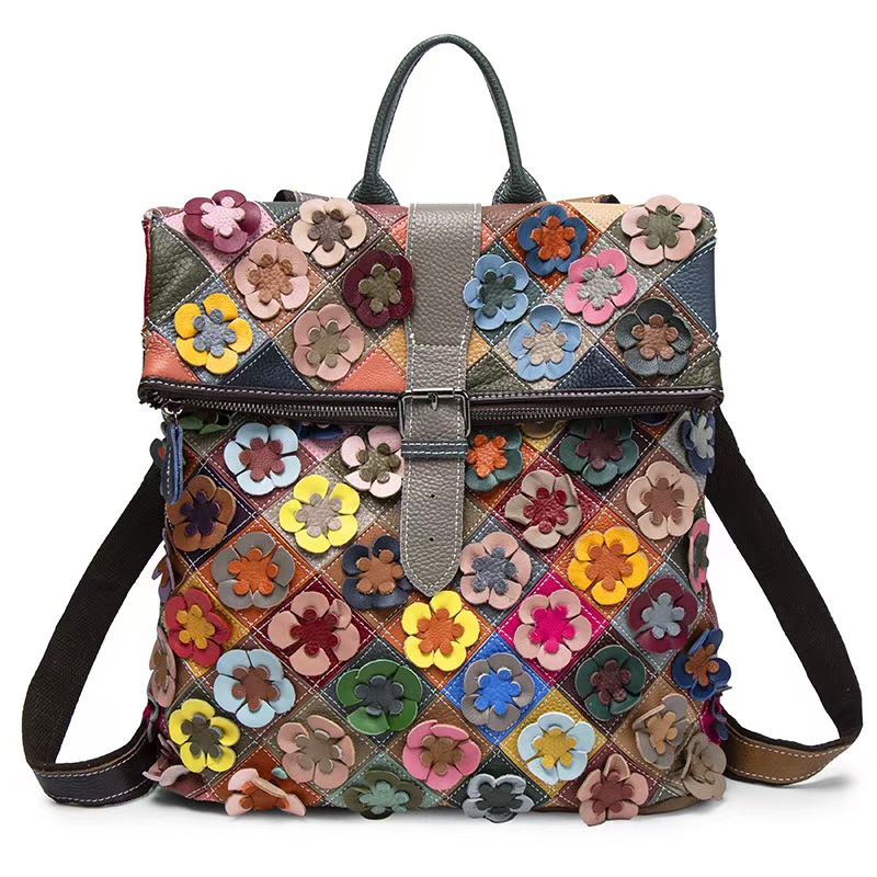 Women'S Fashion Backpack - Vintage Women Genuine Leather Backpack Flower