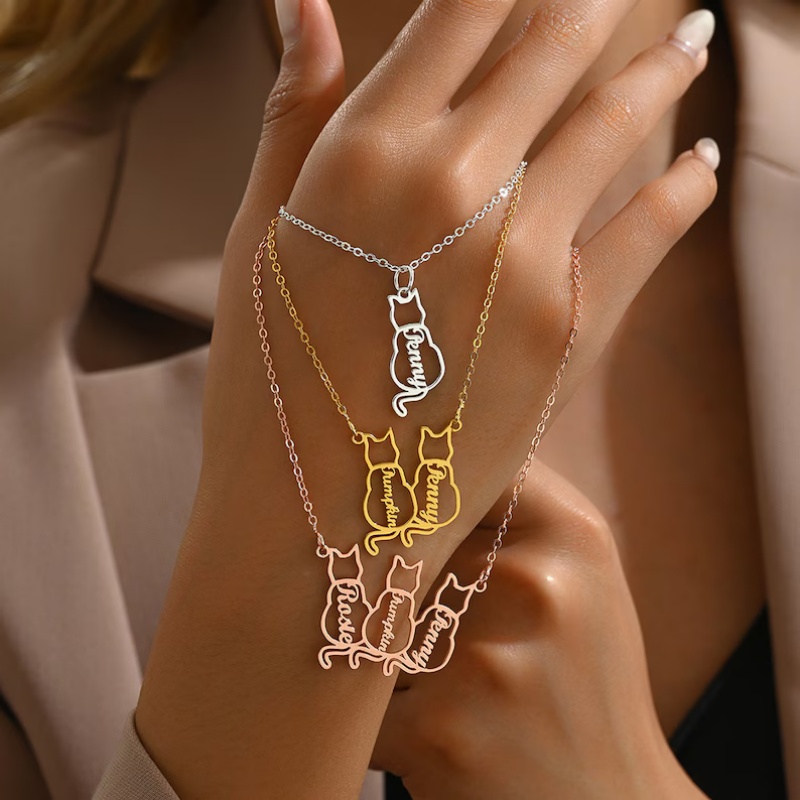 Xl Women'S Fashion - Personalized Cat Name Necklace Cute Silhouette