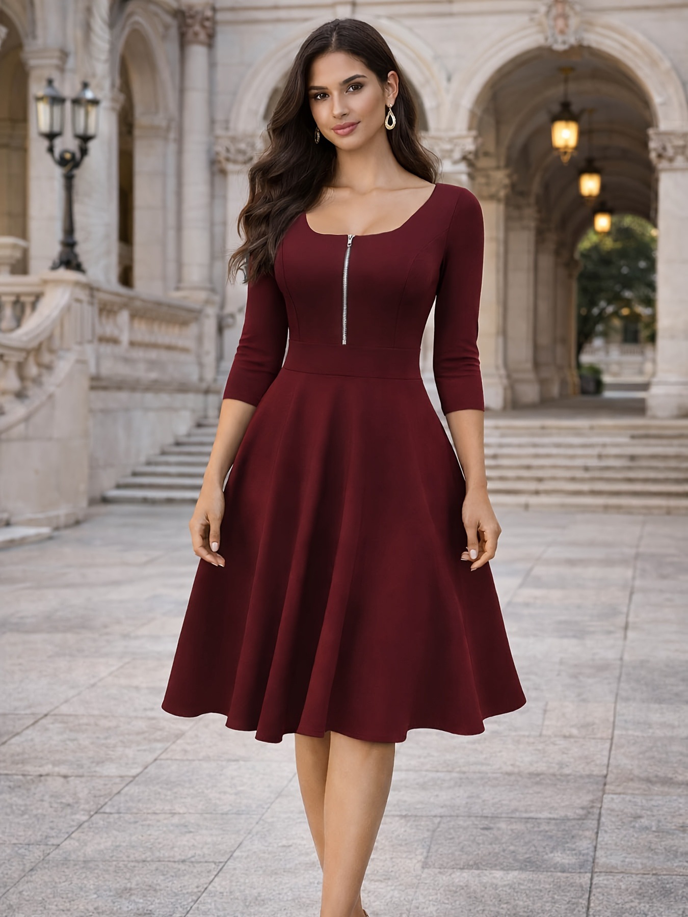 Women'S Fashion Quarter Zip - Slim-Fitting Front Zip Square-Neck Dress 2026