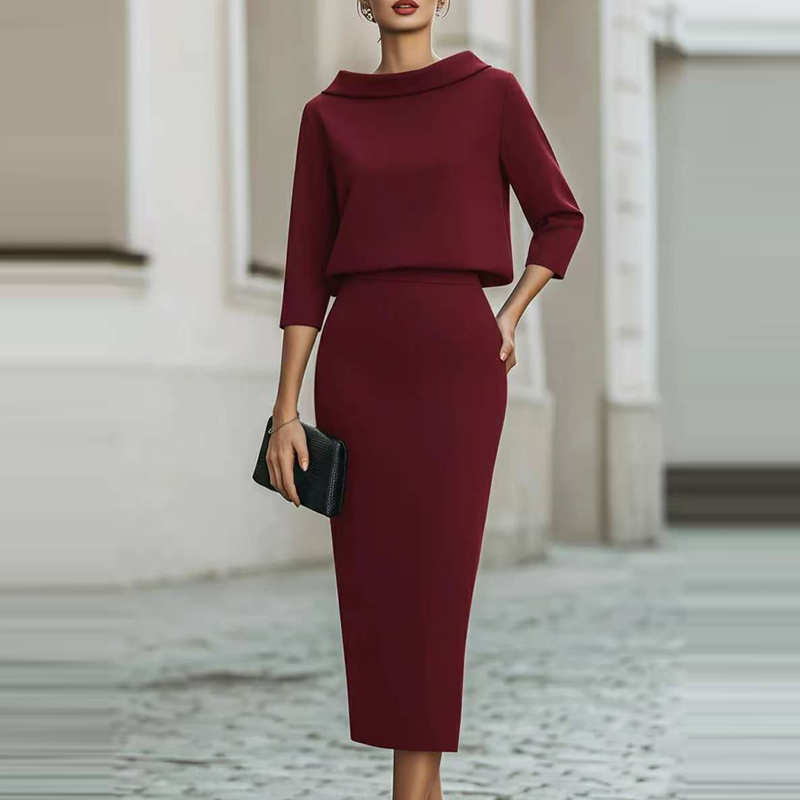 Women'S Fashion Quarter Zip - Elegant Solid Slim Half Skirts Sets