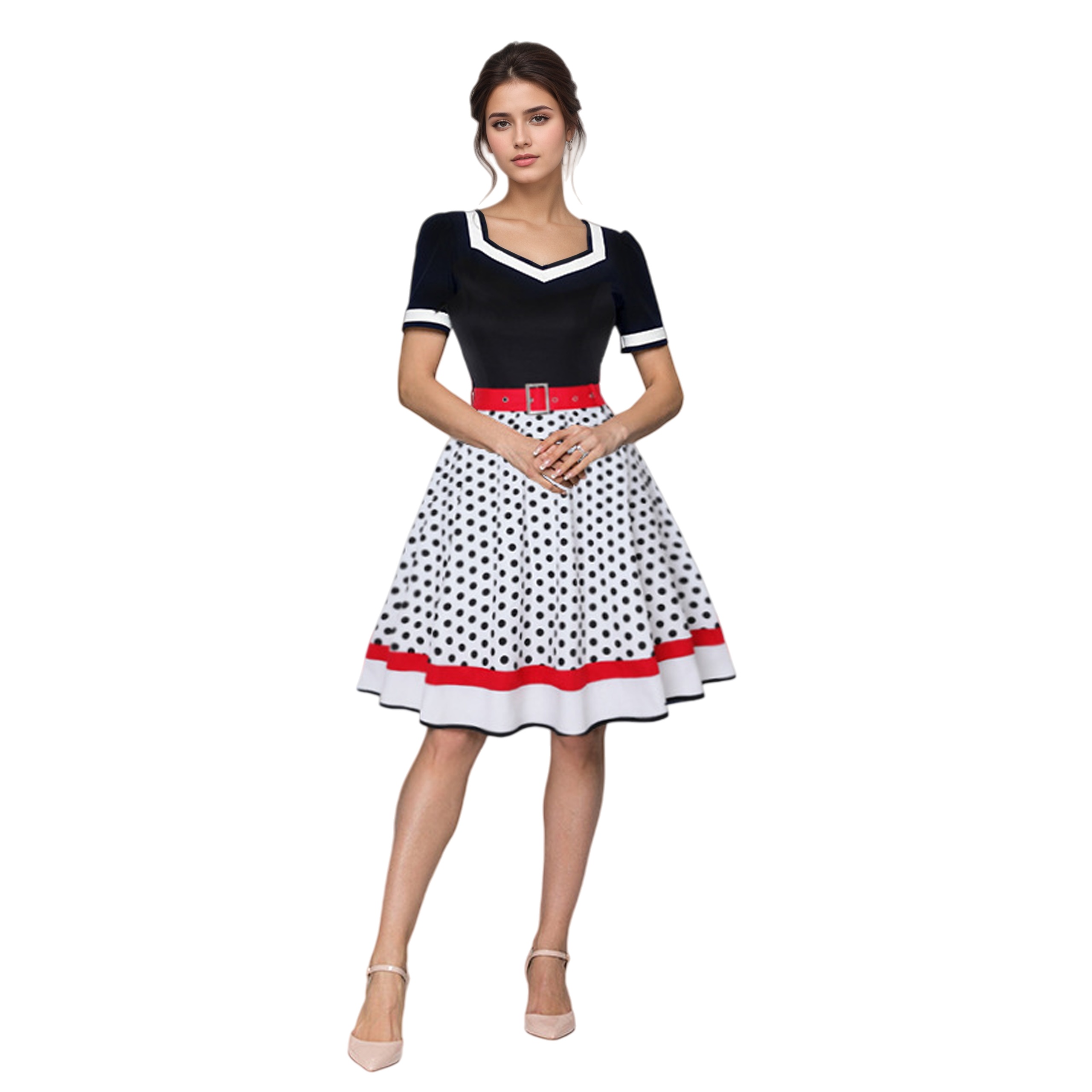 Women'S Fashion Of The 50S - Vintage V-Neck Short Sleeve Swing Dress