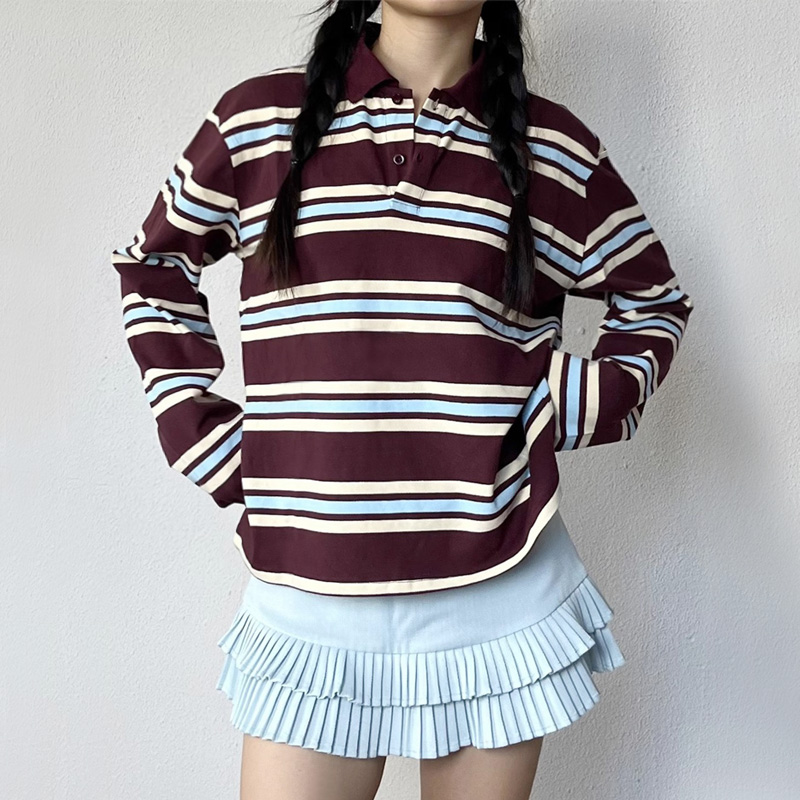 Women'S Fashion Rugby Shirt - Women's Striped Relaxed Rugby Polo Shirt