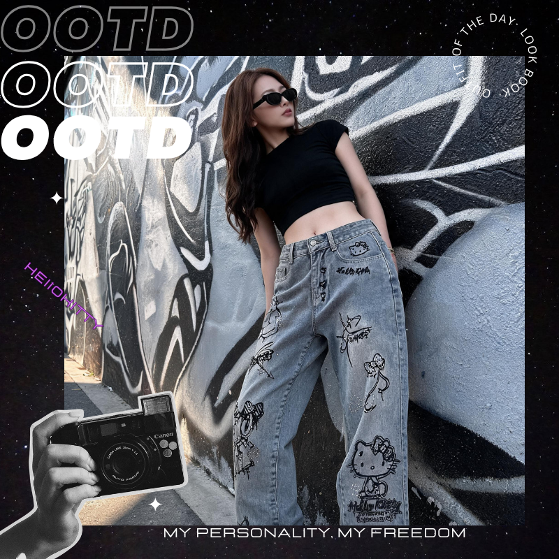 Xl Women'S Fashion - Cute Keiokitty Rhinestone Graffiti Street Y2K