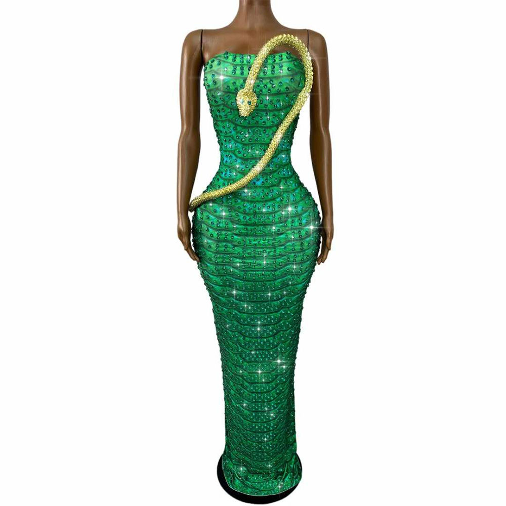 Women Fashion Designer Dresses Photos - Sparkly Green Rhinestones Snake Designed Tube