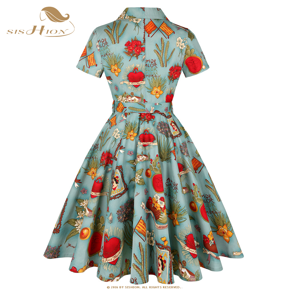 Women'S Fashion Of The 50S - SISHION Short Sleeve Swing Retro 50s