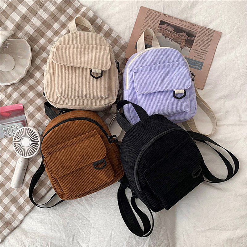 Women'S Fashion Backpack - Solid Color Mini Backpack Corduroy Small